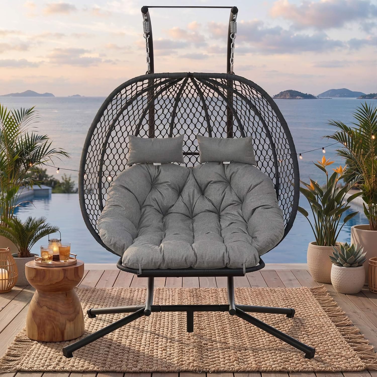 Double Egg Chair with Adjustable Footrest & Stand